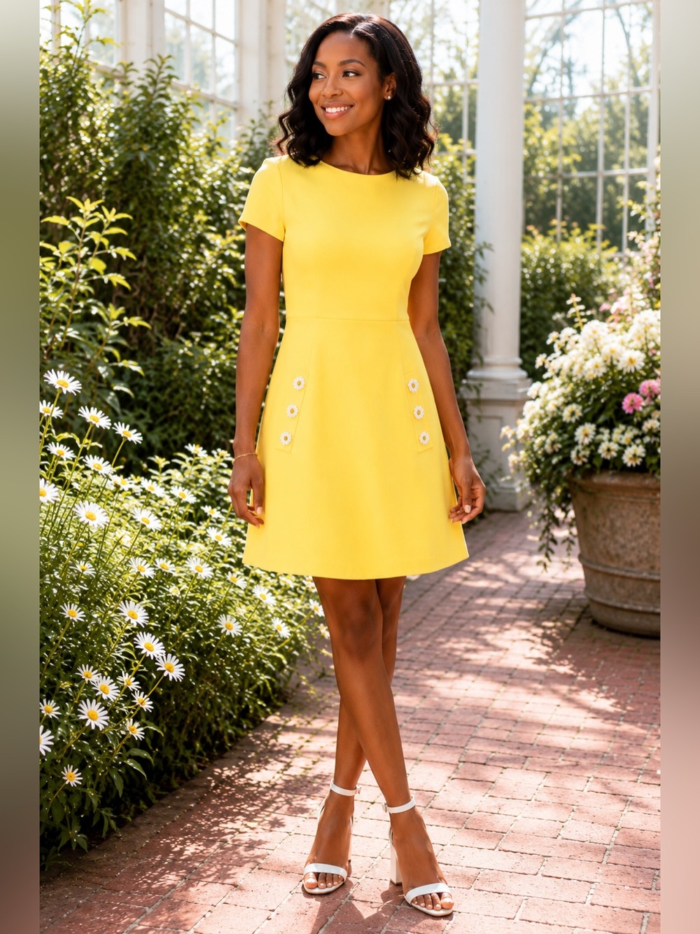 Betsey Johnson Yellow Fit & Flare Daisy Pocket Dress Size 12 60s Inspired Retro